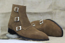 Ankle High Brown Triple Buckle Boot, Men's Handmade Size Zipper Suede Boot