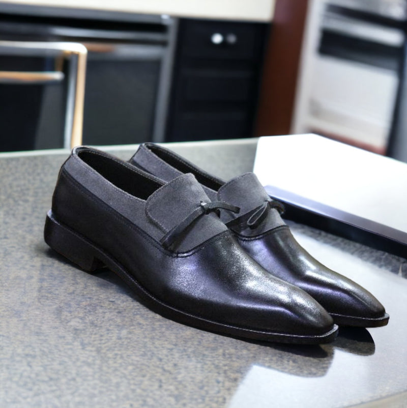 Men's Black Grey Loafer Tussle Shoes, Handmade Stylish Shoes, Plain Toe Moccasin Shoes