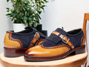 Men's Blue Brown Buckle Leather Shoes, Hand Painted Buckle Formal Shoes