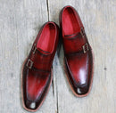 Handmade Tone Burgundy Leather shoes, Men's Double Monk Formal Shoes