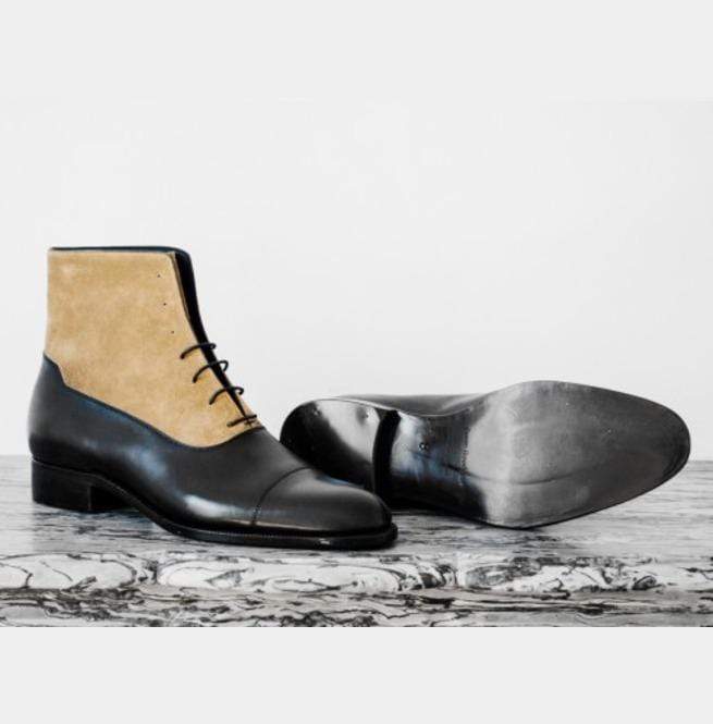 Bespoke Cap Toe Leather Suede Black Beige Boot - leathersguru