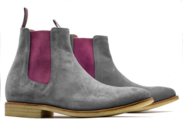 Handmade Ankle High Chelsea Suede Boots, Men's Purple Gray Chelsea Boot