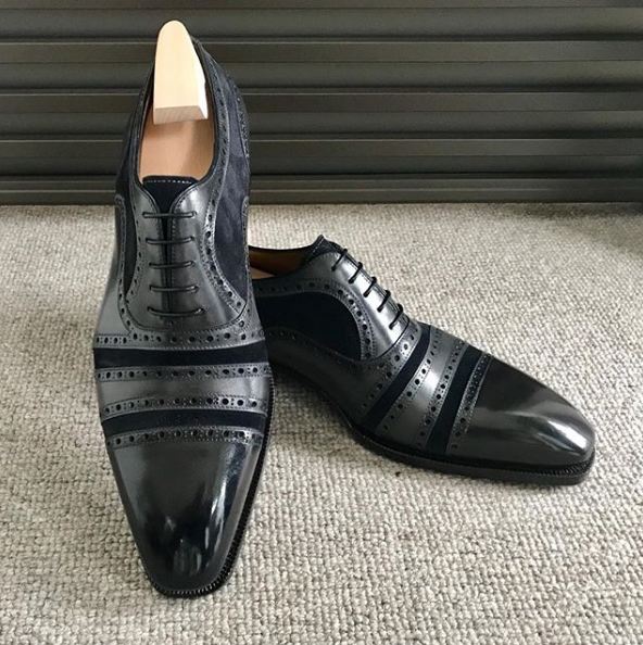 Handmade Black Cap Toe Shoes, Men's Suede Leather Lace Up Fashion Shoes