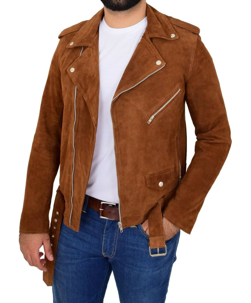 Handmade Brando Suede Men's Brown Zipper Belted Jacket