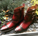 Handmade Burgundy Leather Buckle Boot, Men's Triple Monk Cap Toe Side Zipper Boots