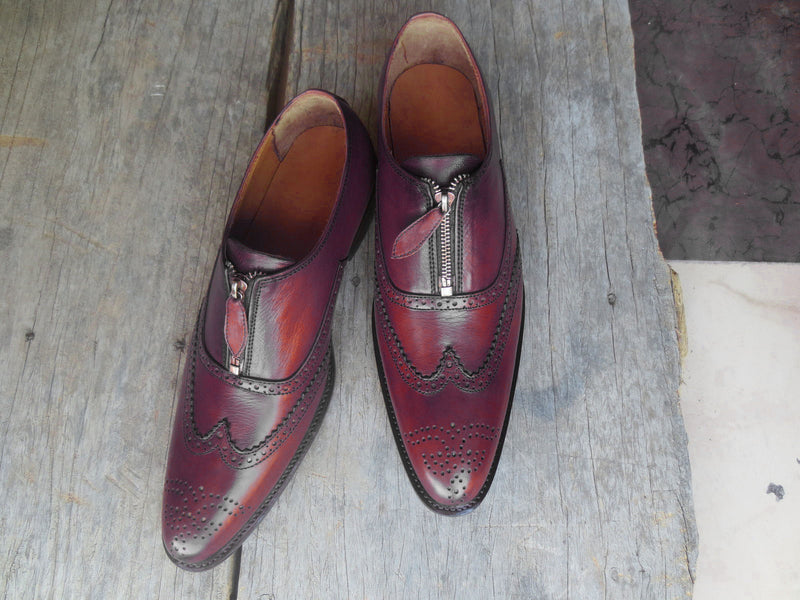 Handmade Front Zipper Wing Tip Shoes, Men's Burgundy Black Leather Brogue Shoes