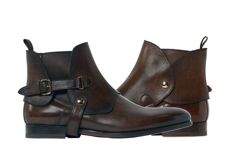 Handmade Men's Chelsea Upper Strap detail Leather Boots, Buckle detail Boots