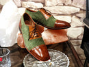 Handmade Men's Green Brown Color Shoes Stylish Leather Suede Cap Toe Lace Up Shoes