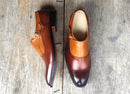 Handmade Men's Tan Brown Color Shoes Stylish Leather Monk Strap Shoes