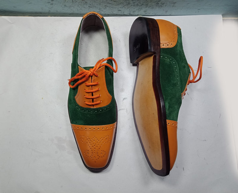 Handmade New Men Green Brown Shoe, Men cap toe Lace Up Suede Leather Formal Shoe