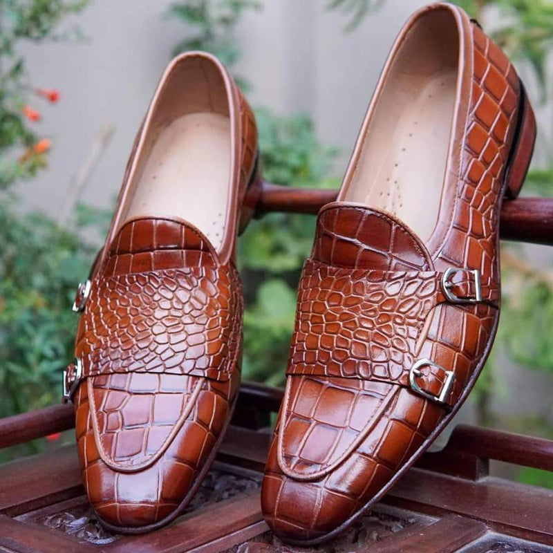Handmade Stylish Brown Alligator Double Monk Loafer Style Shoes For Men's