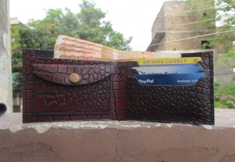 Husband Gift, Boyfriend gift, Father gift, Men's leather bifold wallet, thin leather wallet, Traditional Alligator Texture Oxblood Wallet - leathersguru