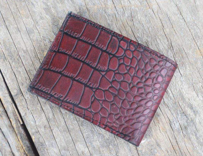 Husband Gift, Boyfriend gift, Father gift, Men's leather bifold wallet, thin leather wallet, Traditional Alligator Texture Oxblood Wallet - leathersguru