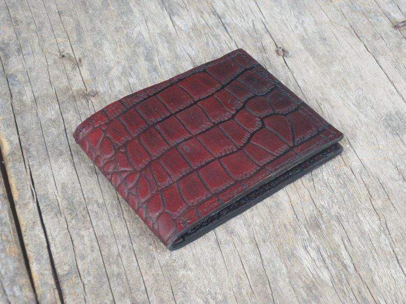 Husband Gift, Boyfriend gift, Father gift, Men's leather bifold wallet, thin leather wallet, Traditional Alligator Texture Oxblood Wallet - leathersguru