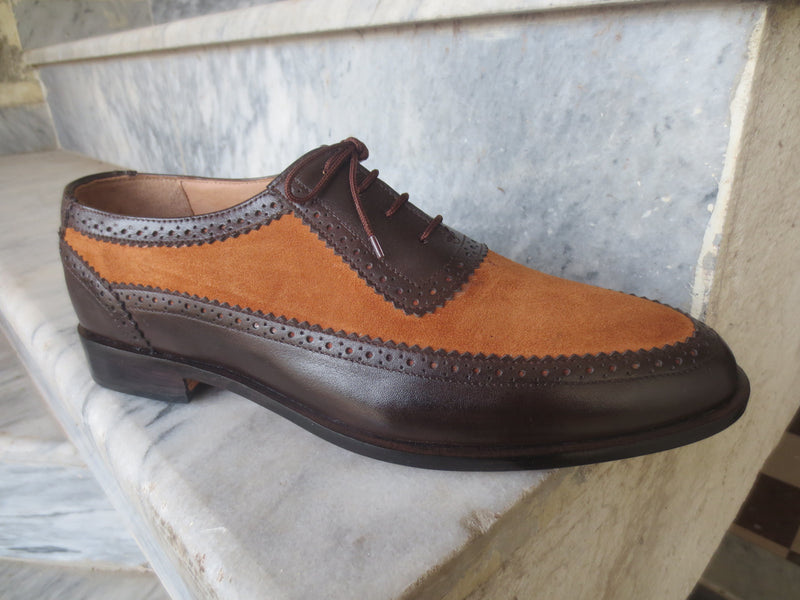 Bespoke Brown & Tan Leather Suede Lace Up Shoe for Men - leathersguru