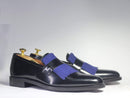 Men's Black Blue Fringe Leather Penny Loafers - leathersguru
