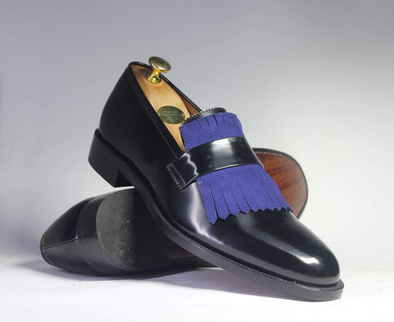 Men's Black Blue Fringe Leather Penny Loafers - leathersguru