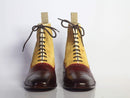 Men's Burgundy & Tan Ankle Cap Toe Leather Suede Lace Up Boots - leathersguru