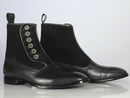 Bespoke Black Leather Suede Button Top Ankle Cap Toe Boot - leathersguru