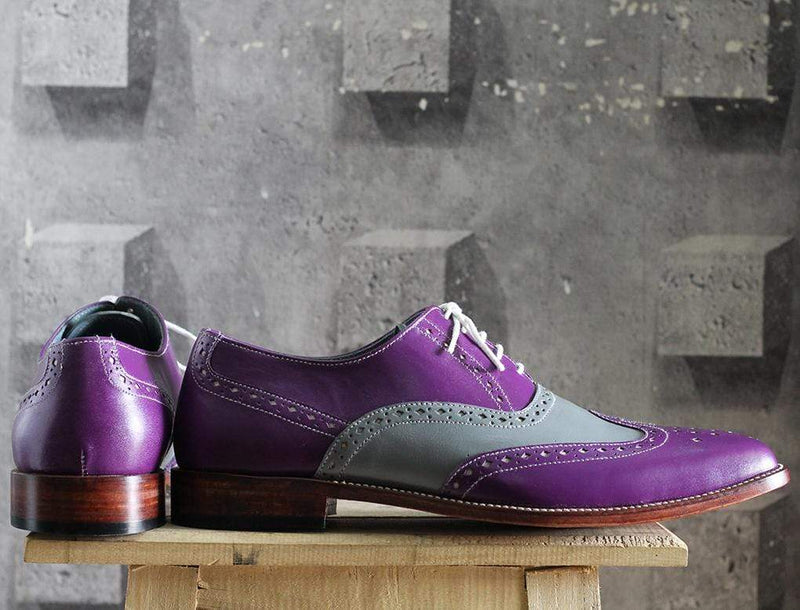 Men's Purple Gray Wing Tip Brogue Leather Shoe - leathersguru