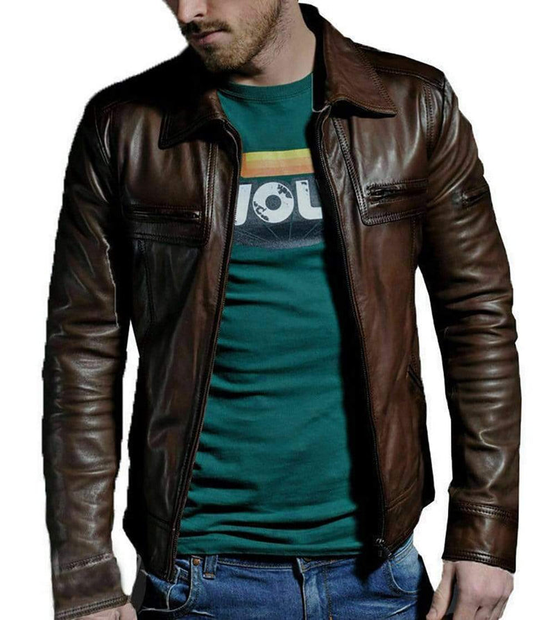 Men Genuine leather slim fit distress slim fit biker jacket - leathersguru