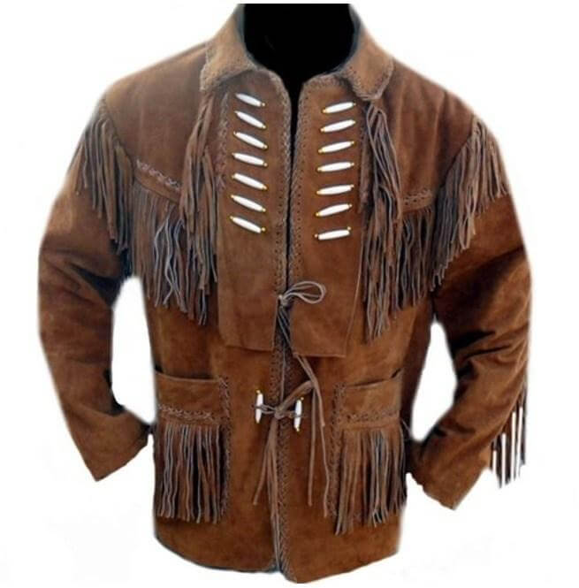 Men's Traditional Cowboy Western Leather Jacket Brown Coat with Fringe Native American Jacket Suede