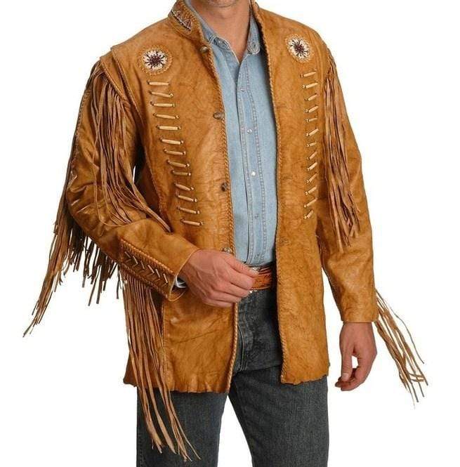 Men's Cowboy Style Tan Color Leather Jacket, Men's Western Style Fringe Leather Jacket - leathersguru