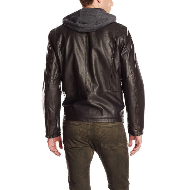 Men Dark Brown Leather Jacket, Men Fabric Hooded Leather Jacket, Men Jacket