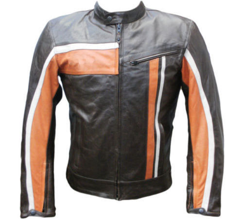 Men Motorcycle Jacket Racer Black Real Leather Orange White Stripe Biker Zip Up
