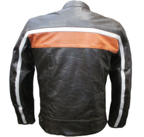 Men Motorcycle Jacket Racer Black Real Leather Orange White Stripe Biker Zip Up