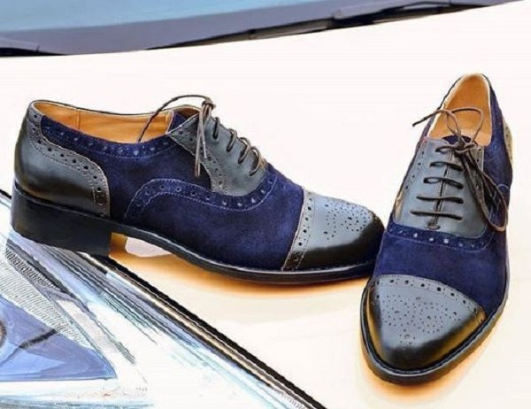 Men's Handmade Black Navy Blue Suede Leather Lace Up Shoes, Men's Dress Cap Toe Brogue Shoes