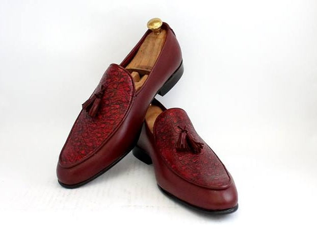 Men's Handmade Burgundy Leather Tussles Loafers Party Wear Shoes