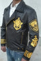 Men's New Handmade Embroidery Patches Golden Black Brando Style Leather Jacket