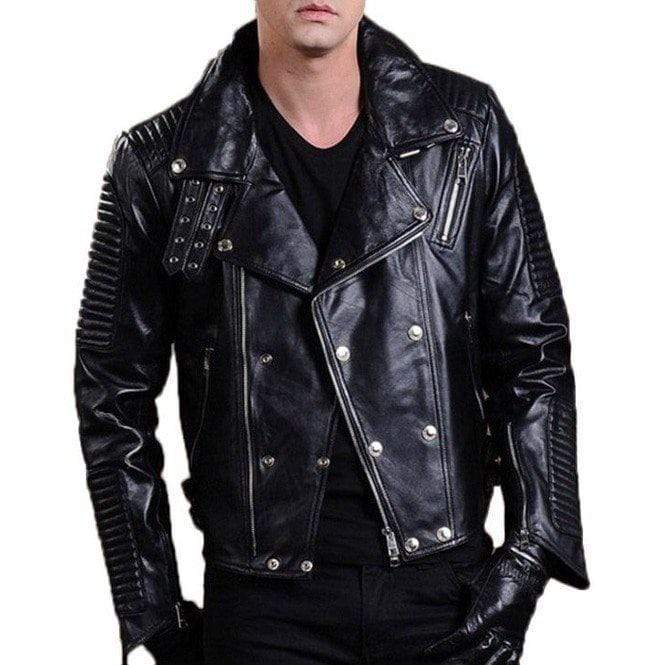 Men's Biker Leather Jacket, Men's Fashion Black Motorcycle Zipper Studs Jacket - leathersguru