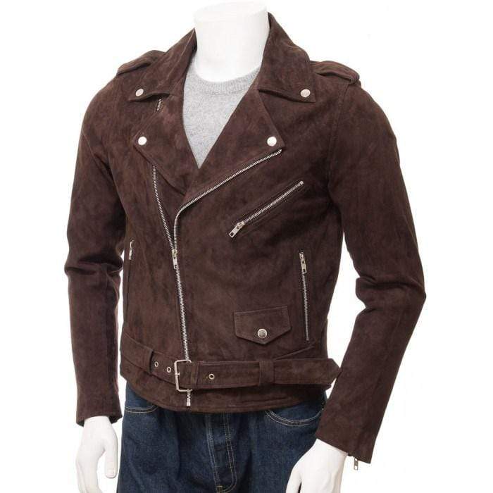 Men's Brown Suede Biker Motorcycle Fashion Belted Jacket - leathersguru