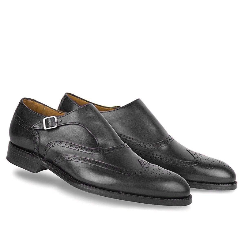 Handmade Black Wing Tip Brogue Monk Strap Shoe - leathersguru