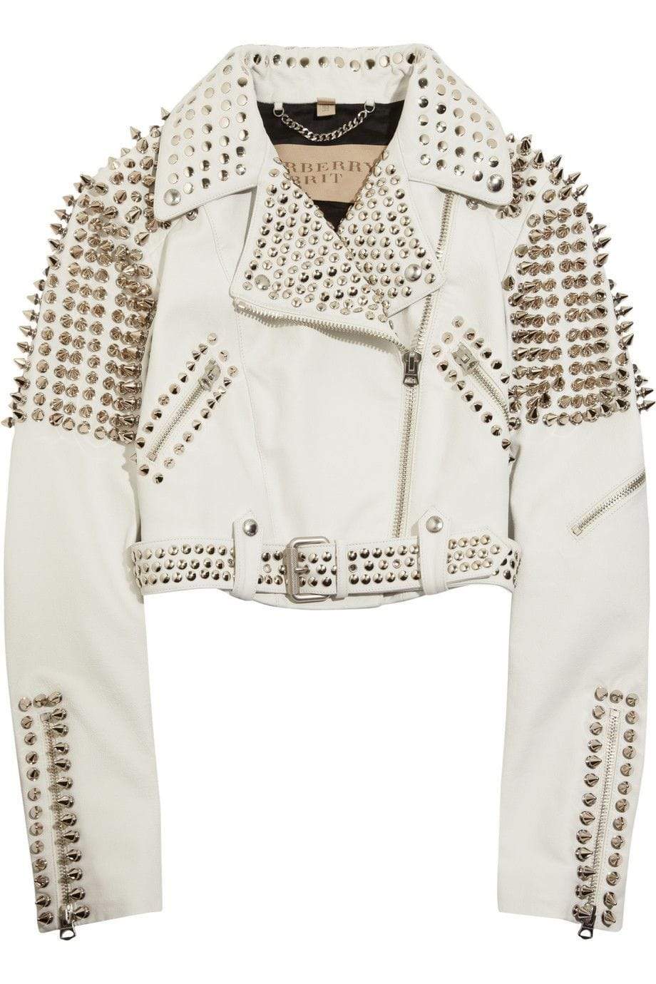 Women Fashion White Leather Gothic Studded Jacket