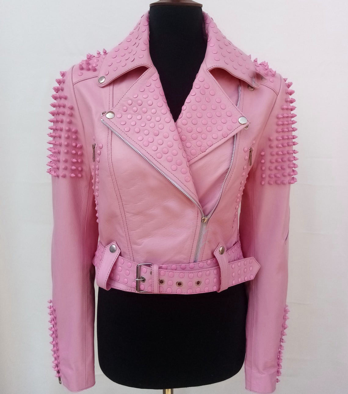 Pink Lambskin Leather Studded Biker Jacket