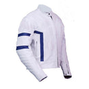 New Mens Full White Striped Motorbike Biker Cowhide Leather Jacket Safety Pads