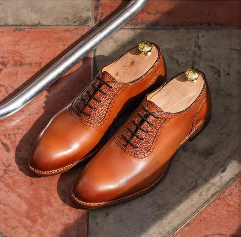 Handmade Tan Pebbled Leather Derby Lace Up Shoes - leathersguru