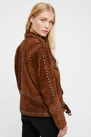 Woman Handmade Brown American Western Were Golden Studded Suede Leather Jacket