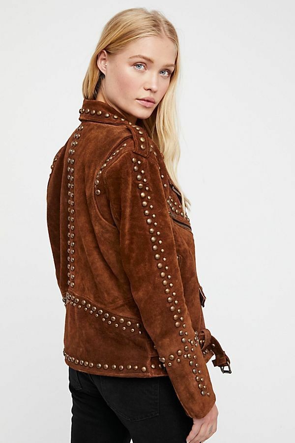 Woman Handmade Brown American Western Were Golden Studded Suede Leather Jacket