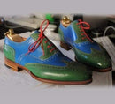 Handmade Blue Green Leather Wing Tip Brogue Shoe - leathersguru