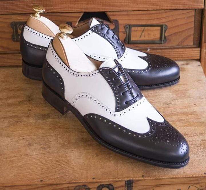 Men's Leather White Brown Wing Tip Brogue Lace Up Shoes - leathersguru