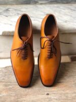 Handmade Men's Tan Leather Lace Up Derby Shoes - leathersguru