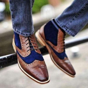 Handmade Brown and Navy Leather Wing Tip Boot - leathersguru