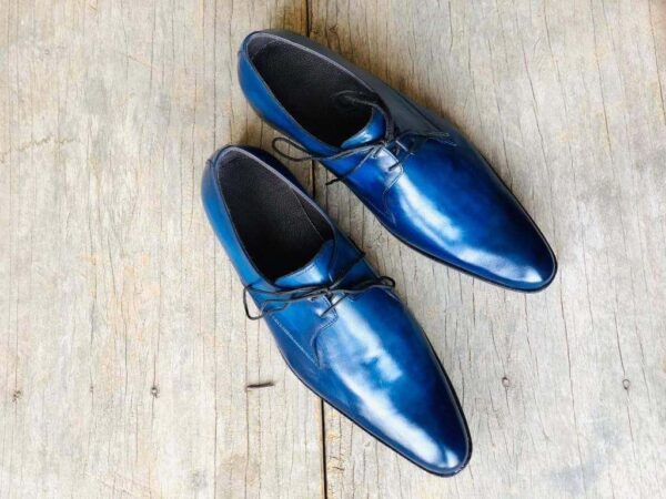 Men's Blue Leather Lace Up Derby Shoes - leathersguru