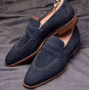 Men's Suede Penny Loafers Navy Blue Slip On Moccasin Shoes - leathersguru