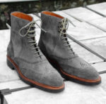 Handmade Men's Ankle High Gray Suede Wing Tip Brogue Boot