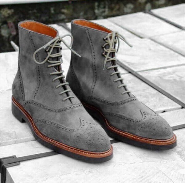 Handmade Men's Ankle High Gray Suede Wing Tip Brogue Boot